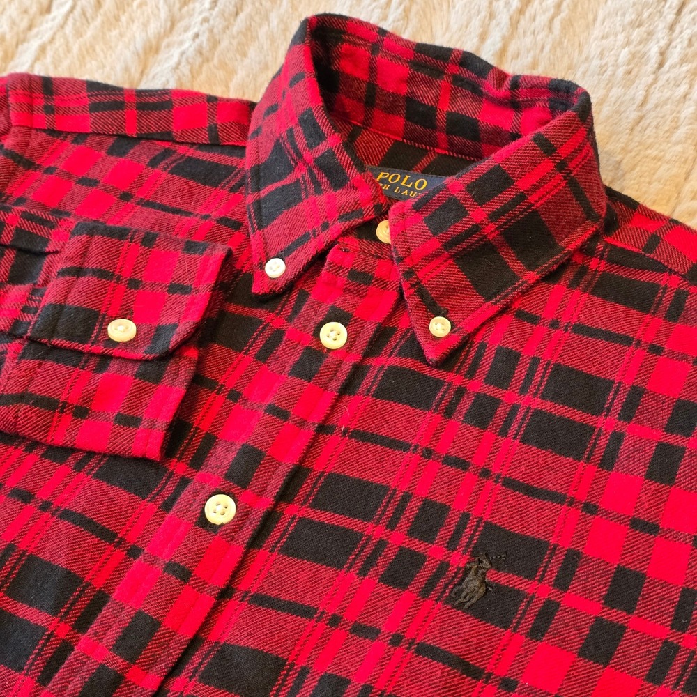 Polo Ralph Lauren Mens Red‎ Black Plaid Flannel Button Down Shirt Classic Fit S